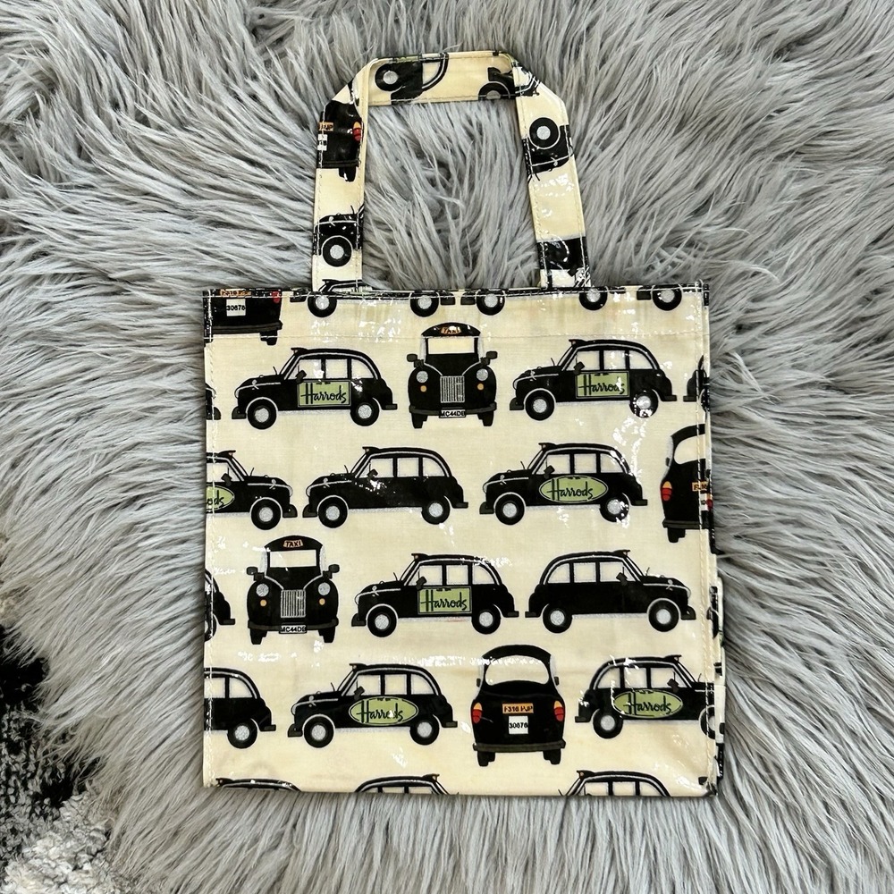 Harrods Cream PVC Shopping Tote Bag Reusable Black/Green Taxi Motif 10 In VTG‎